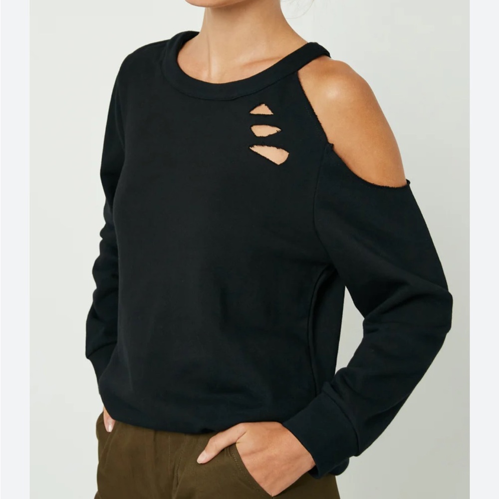 Cold-Shoulder Distressed Sweatshirt - Black